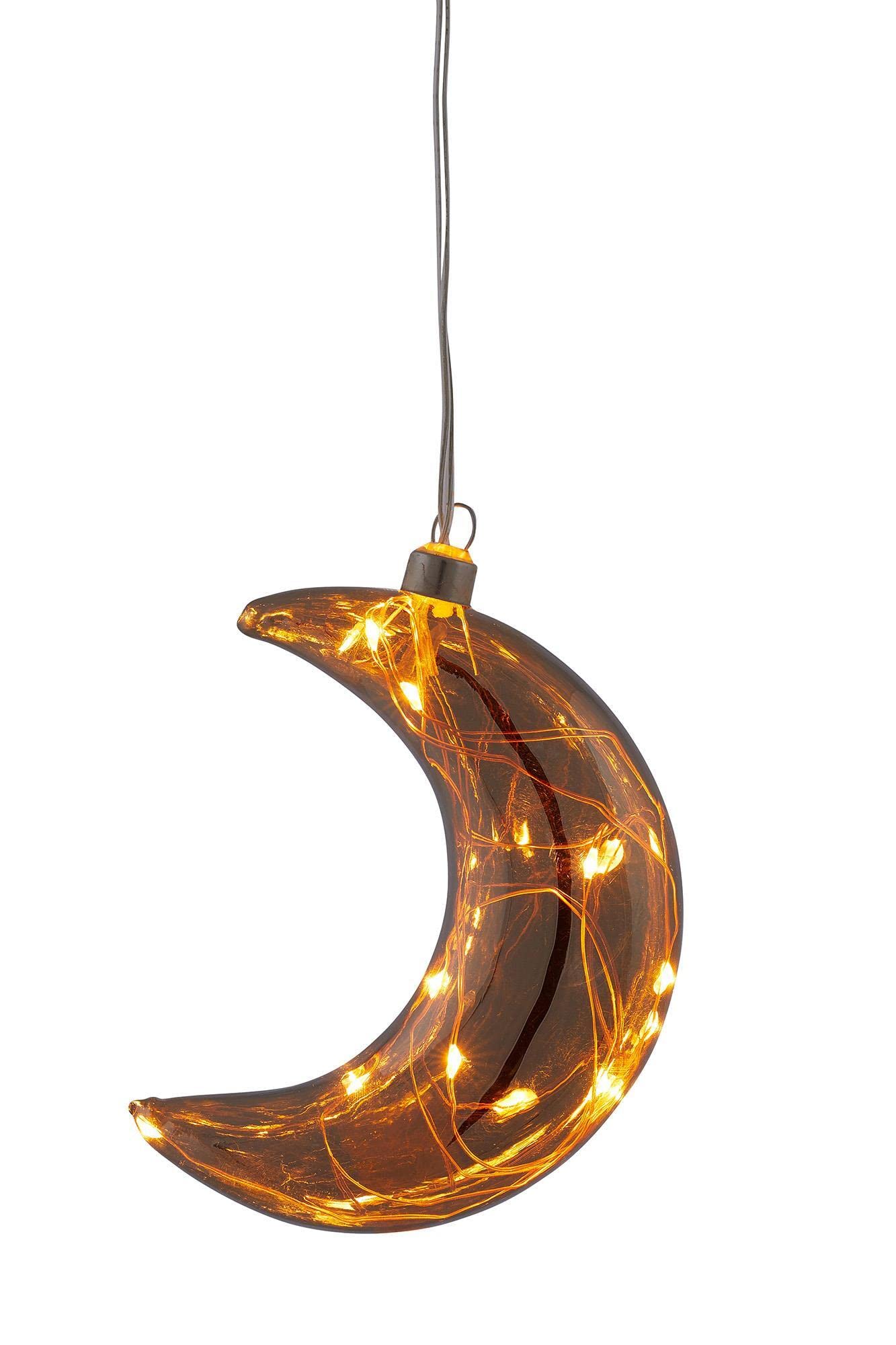 Hellum Dekohänger Mond Deko mit Timer, Halbmond mit Lichterkette mit 10 bernsteinfarbenen LED, Glasmond LED zum Hängen für innen rauchgrau, batteriebetrieben (2xAAA, Nicht inkl.), 14x10cm 524710