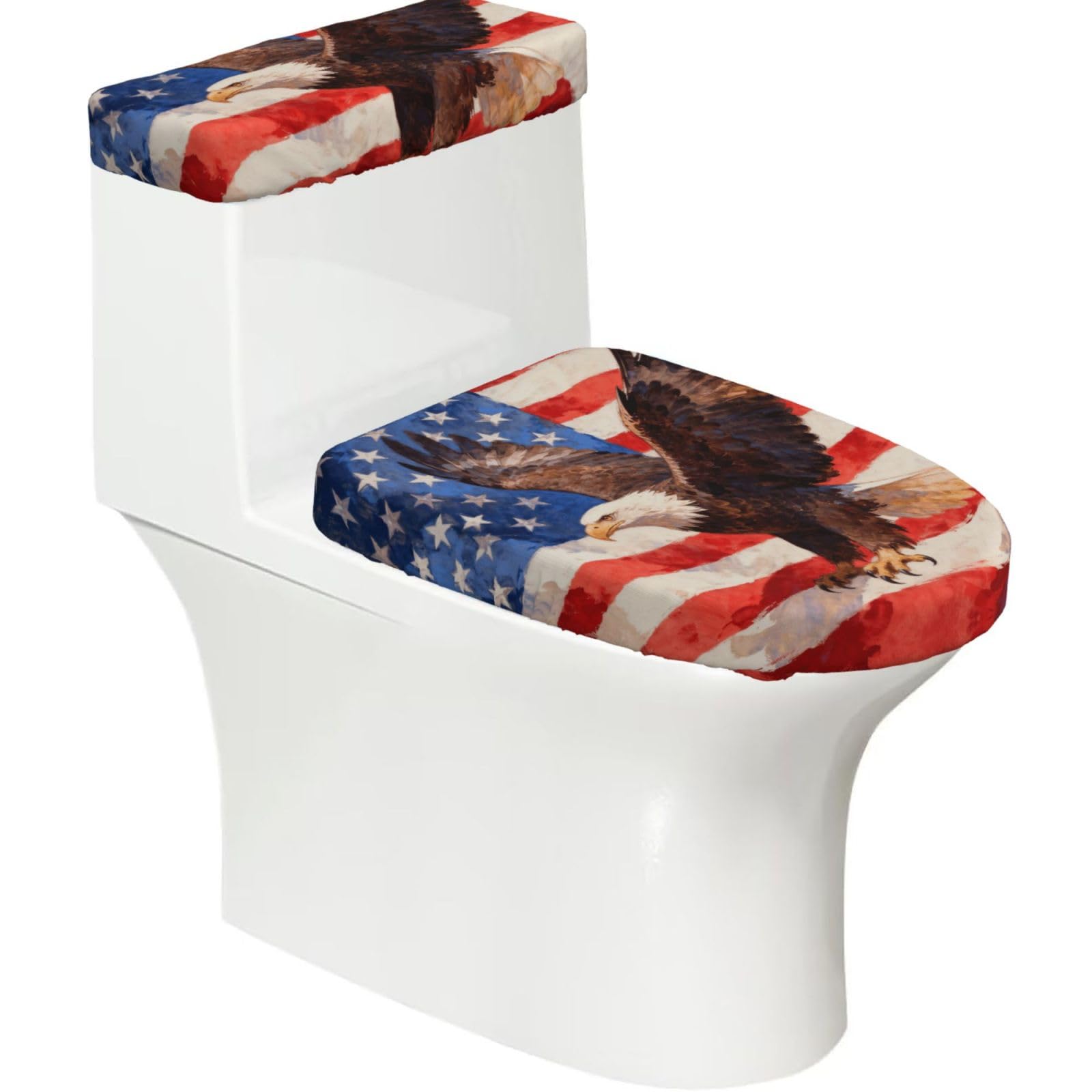 Veteran Eagle Badge Elastic Toilet Cover Set of 2-Stretchy Lid and Tank Covers for Bathroom, Soft Washable U Shape Toilet Decor