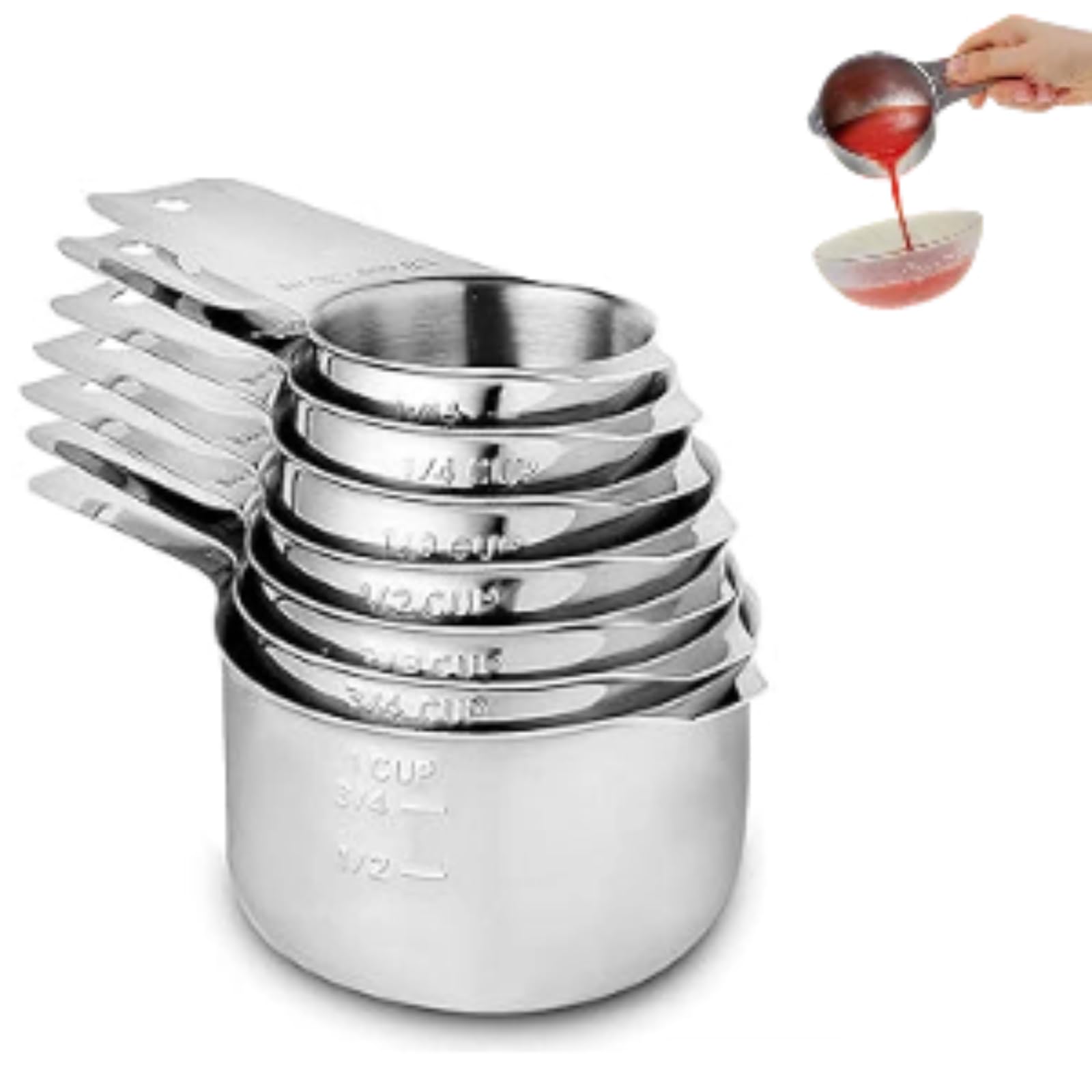Messbecher aus Edelstahl, 7-teilig, stapelbar, für trockene oder flüssige Zutaten, Küchenhelfer und Utensilien, Metall-Messbecher, ideal zum Kochen und Backen