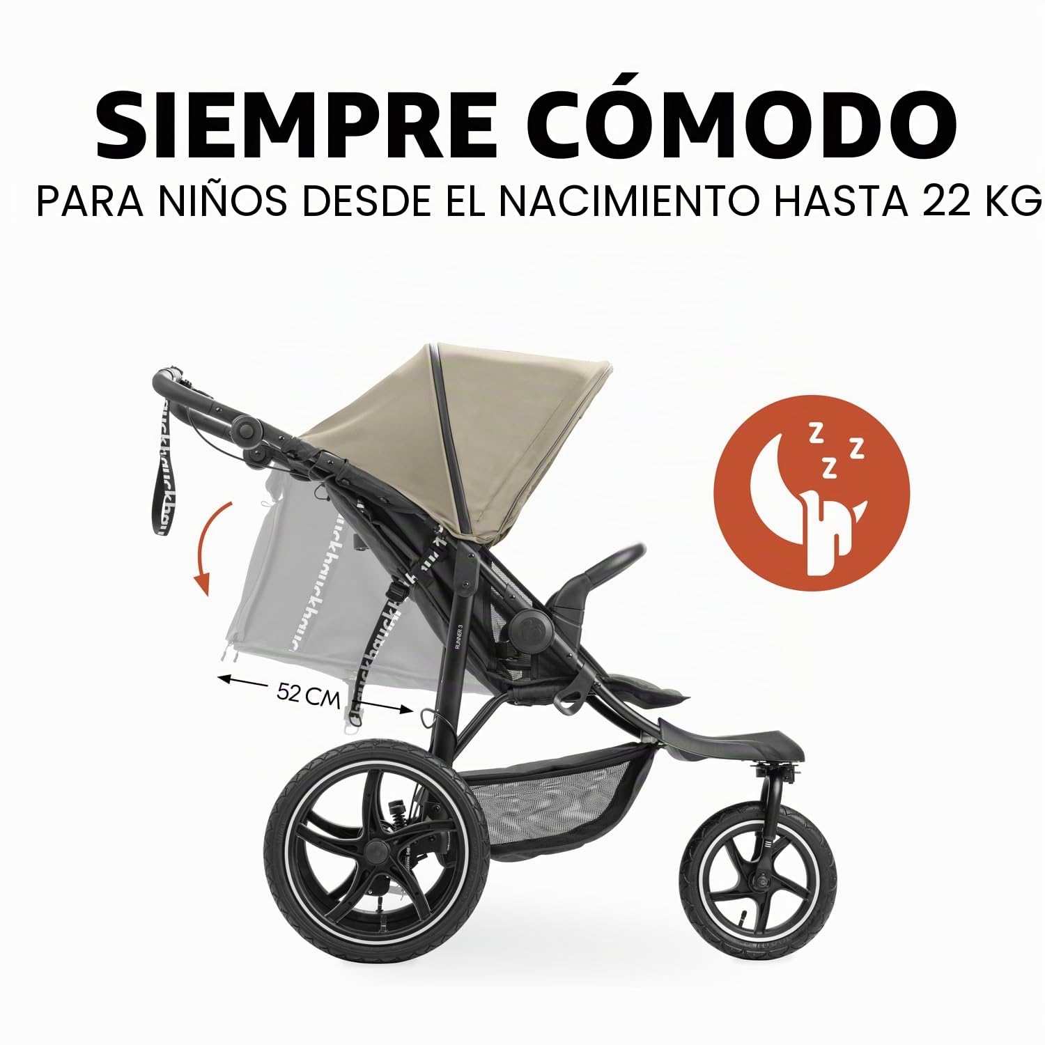 hauck Runner 3, Olive - Cochecito robusto todo terreno con freno de mano, parasol XL, portavasos, cubierta de lluvia, ruedas de aire XL, respaldo reclinable desde el nacimiento hasta 22 kg, mango