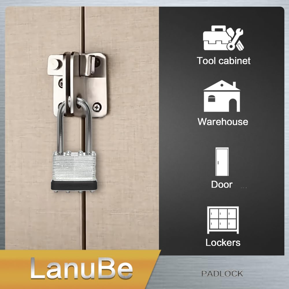 LanuBe Candado laminado con llave (1-9/16 pulgadas, 40 mm), cerraduras con llave igual, grillete largo, aro de plástico negro marcado, paquete de 24