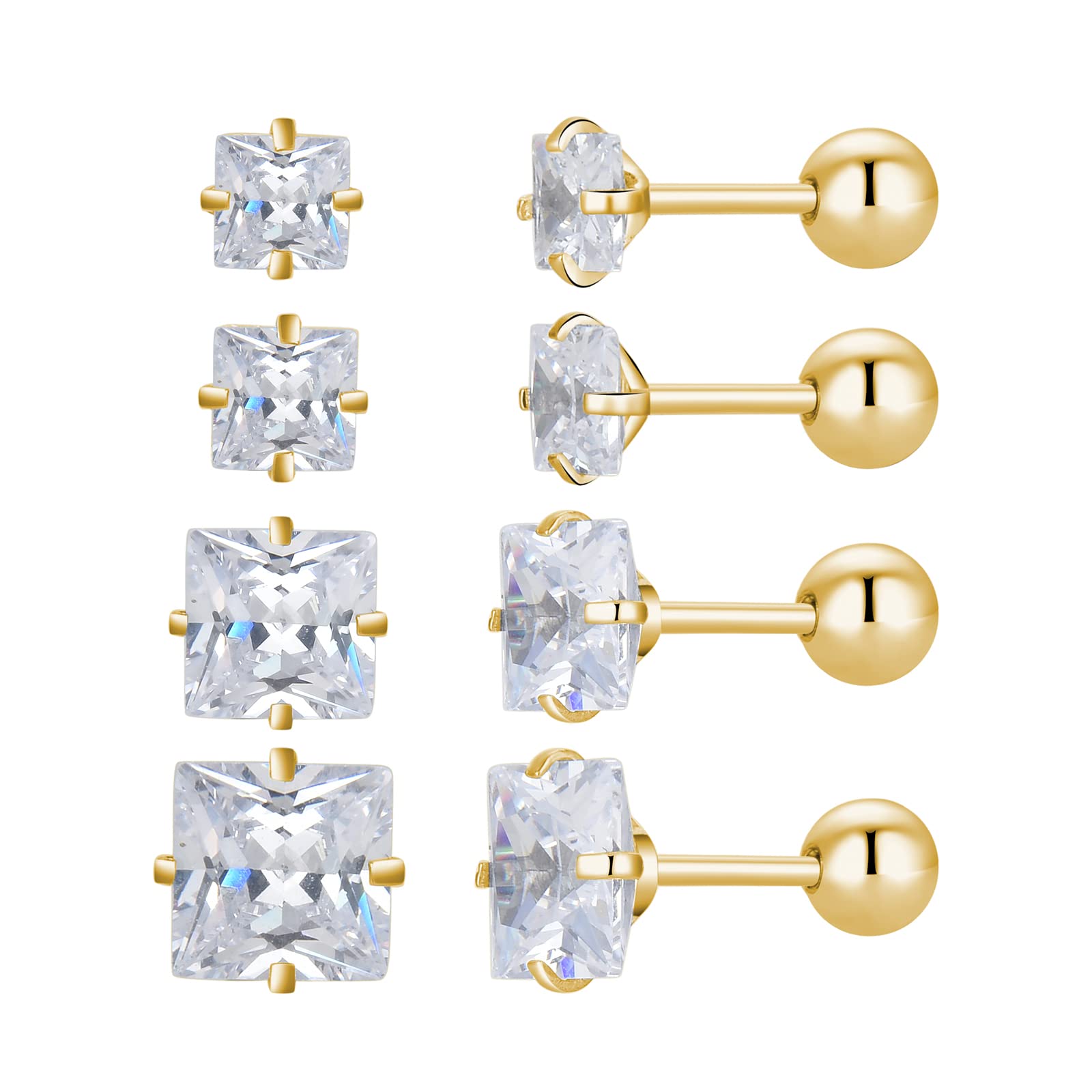 4 Pairs Screw Back Surgical Stainless Steel Stud Earrings, Gold Plated Silver Heart Star Square Princess Cut Round CZ Cubic Zirconia Stud Earrings Set