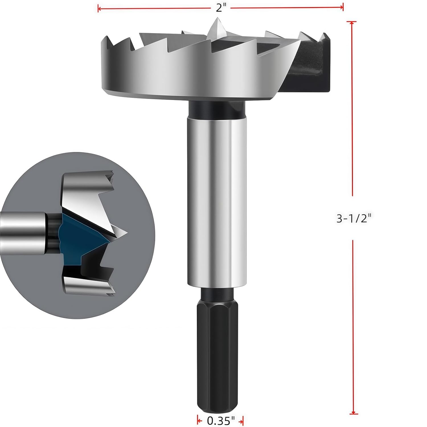 2 Inch Forstner Drill Bit, Carbide Coated Woodworking Hinge Cutter, Hex Shank Bit for Hardwood, Plastic Drilling