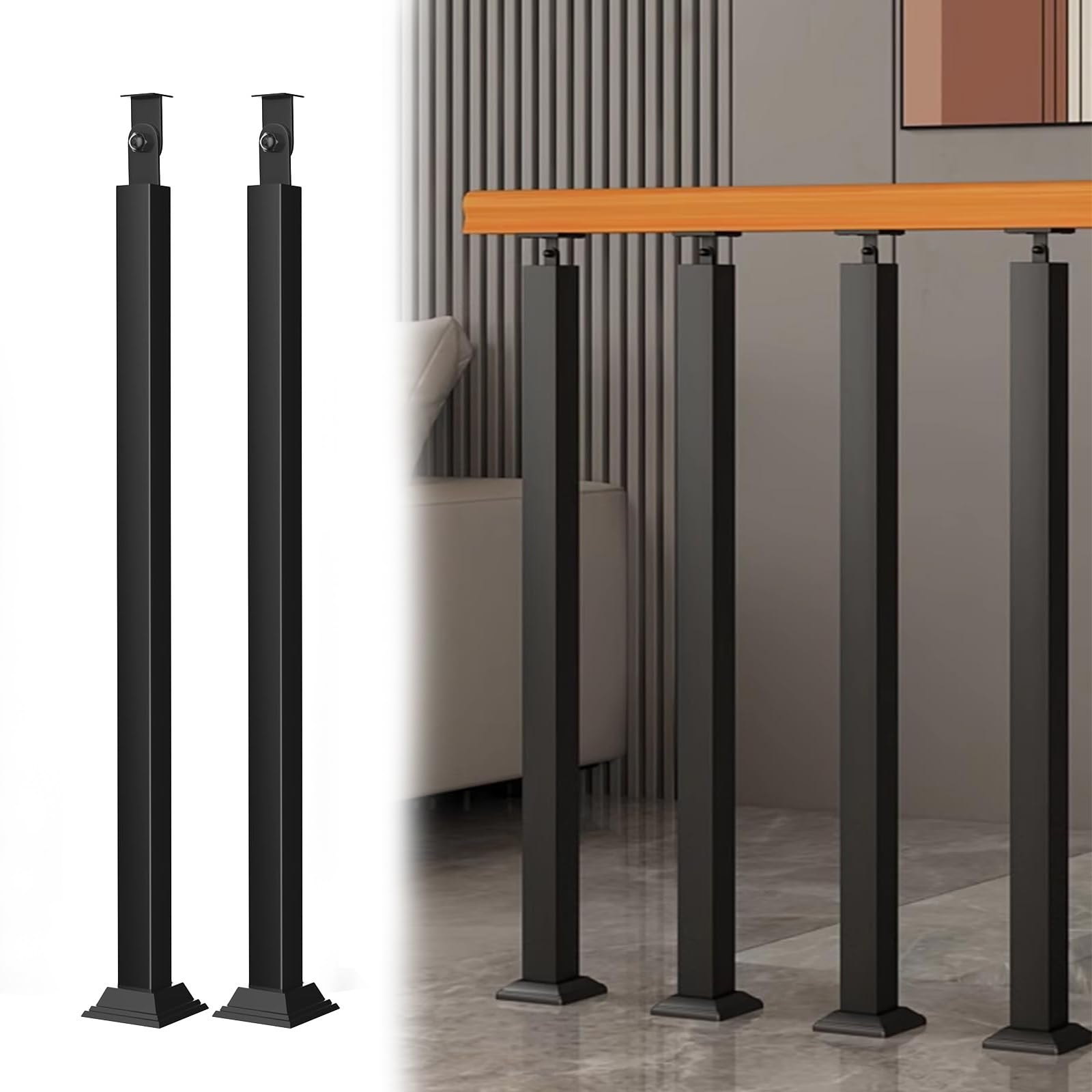 Poteaux d'escalier carrés en fer 95cm lot de 2 balustres noirs avec base pour terrasse