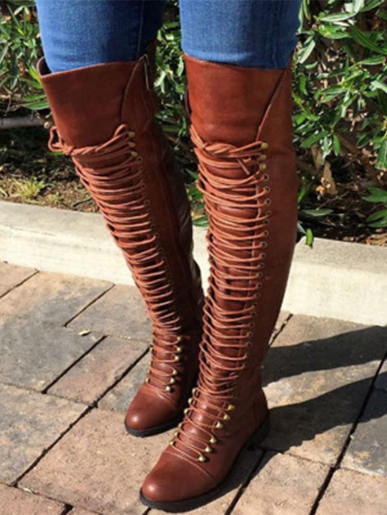 Onsoyours Mujer Otoño Invierno Cuña Interior Botas Sexis con Cordones sobre la Rodilla Botas de Caballero Retro para Mujer Botas Altas