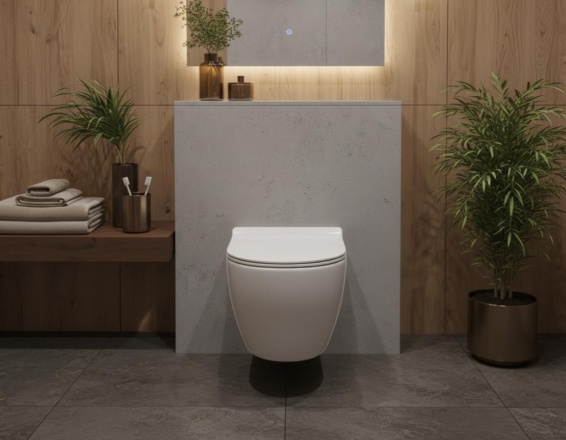 LANERI WC SOSPESO Serie Bent Rim - Vaso Sospeso Rimless - Senza Brida - Bianco Lucido - Misura cm. 52 - Coprivaso Soft-Close