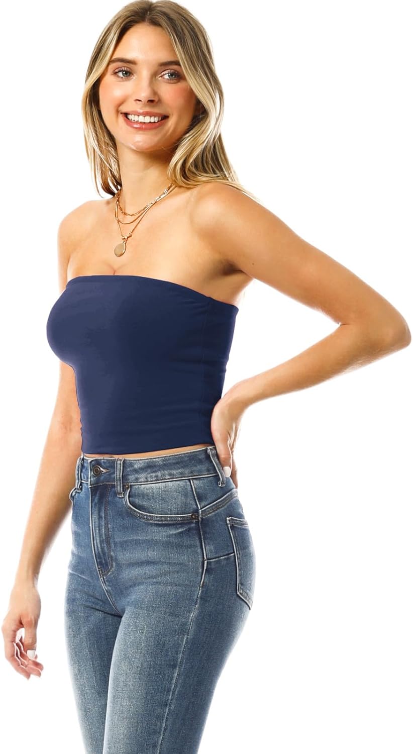 MixMatchy Women's Strapless Tube Tops Basic Bandeau Crop Sleeveless Backless Casual Sexy Going Out Summer 2025 Navy Blue M - Image 5