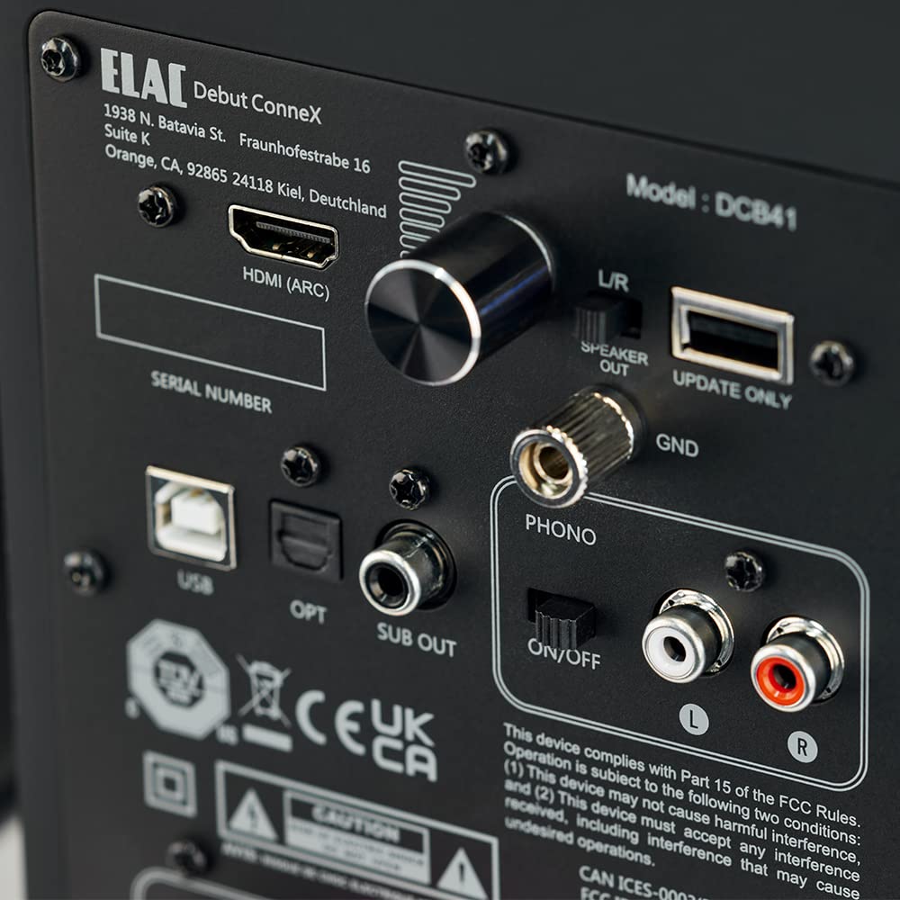 ELAC Kompakt Lautsprecher Debut ConneX DCB41, Boxen für Audiowiedergabe via HDMI, USB, Phono & Bluetooth, exzellenter Klang & hochwertiges Design, 1 Aktivlautsprecher-Set, Nussbaum