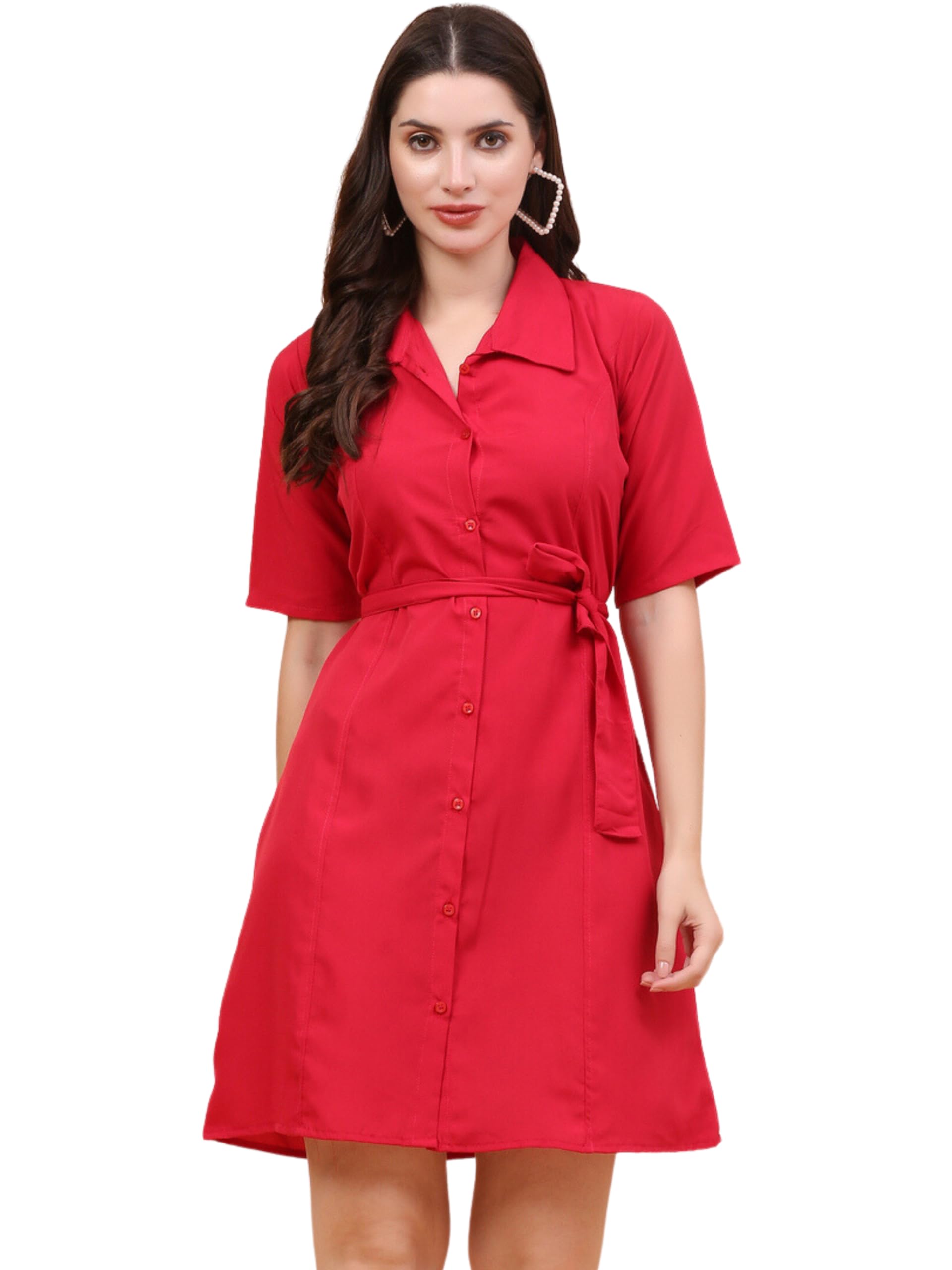 ZUVAIRIYA STORE Women's Short Dress Crepe Solid A-Line Above Knee Length Half Sleeves Collared Neck Regular Fit Fashionable Mini Dress for Casual and Office Wear