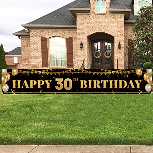 Large Happy 30th Birthday Banner Black & Gold Decoration Sign Party Decorations (9.8x1.6ft)
