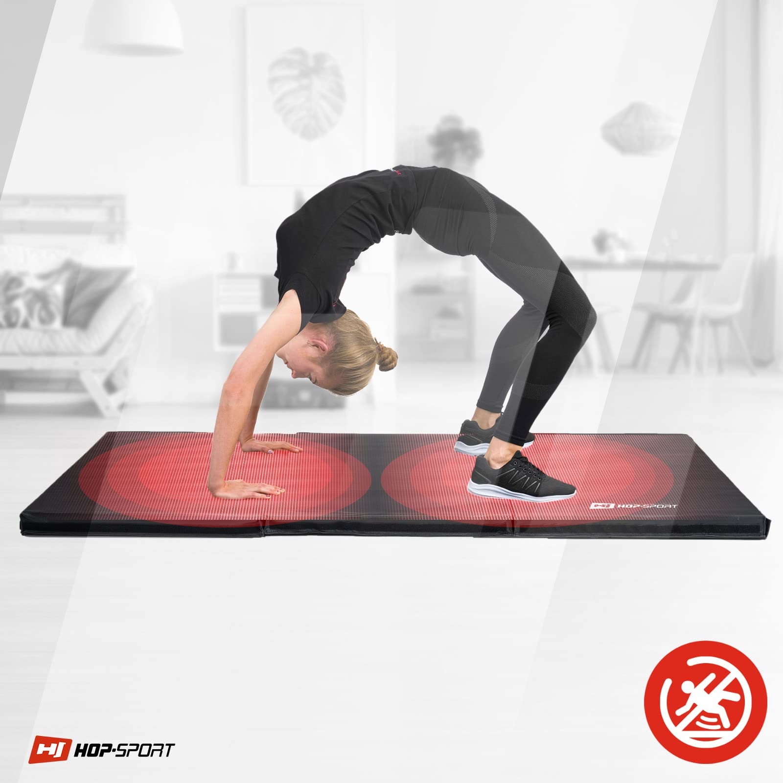 Hop-Sport Turnmatte klappbar - Bodenweichmatte für zuhause 183x90x5cm - Fitnessmatte, Gymnastikmatte mit Tragegriffen und Klettverschluss Dicke 5cm - Schwarz