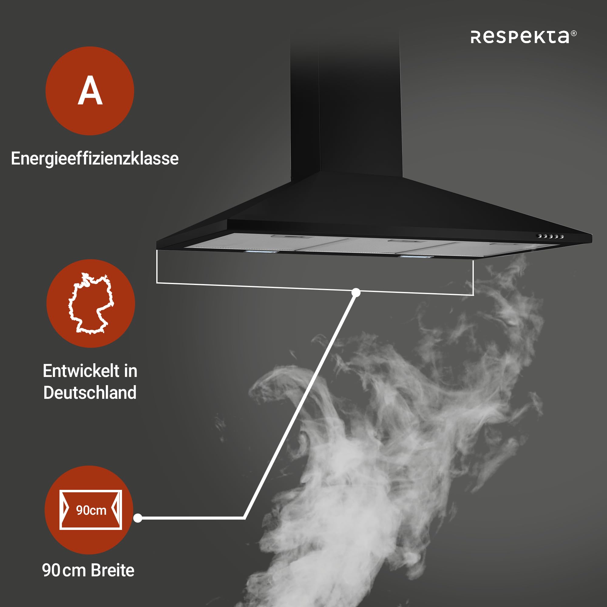 Respekta Dunstabzugshaube Karena / Kaminhaube 90 cm / Metallgehäuse schwarz matt /Abluft - und Umluftfunktion / CH22055-90 S / 53 – 68 dB