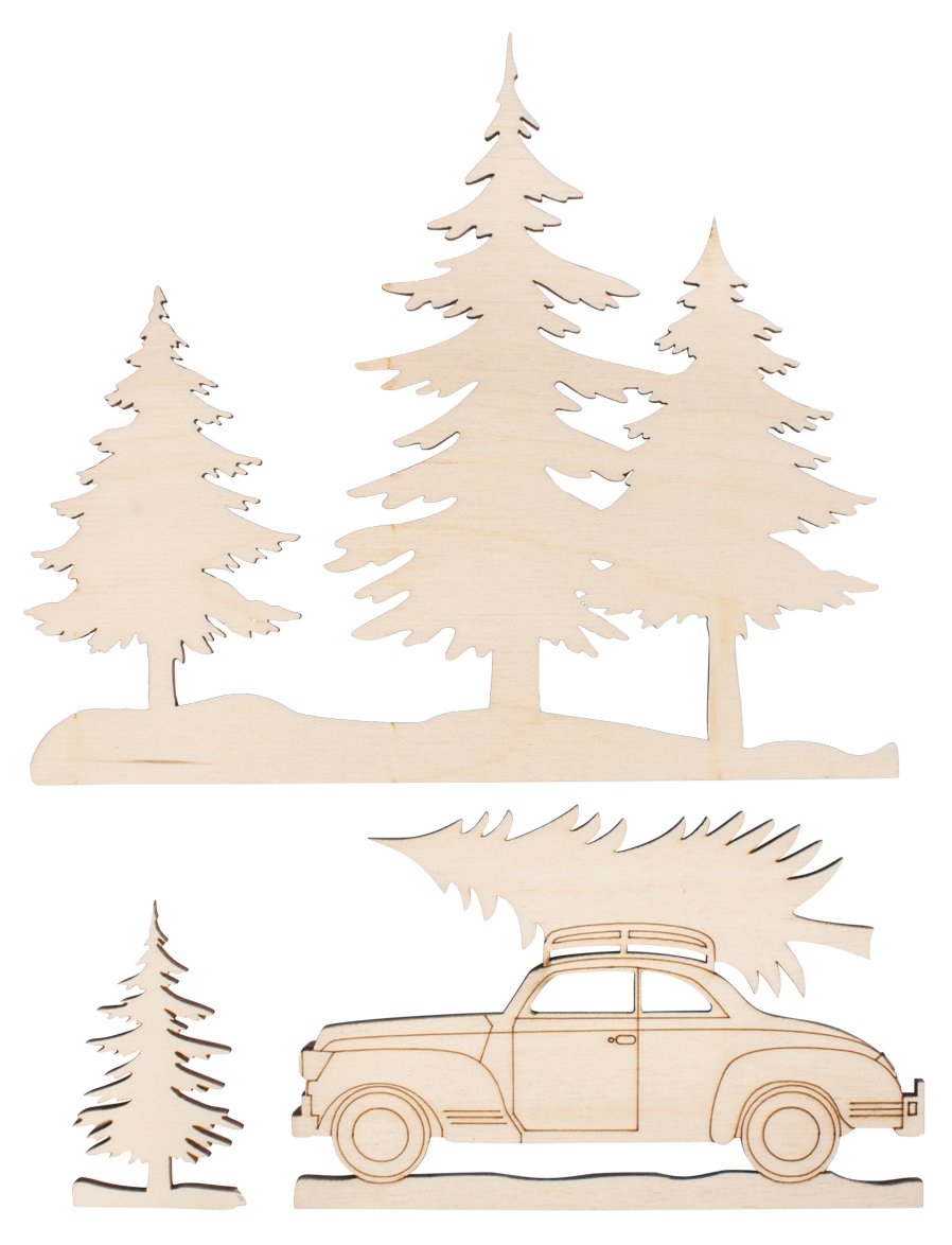 Rayher Natural 46321000 Fir Tree And Car Wooden Shapes, Wood Cutouts For Woodworks, Papercrafts And Decoration, 3 Piece Set