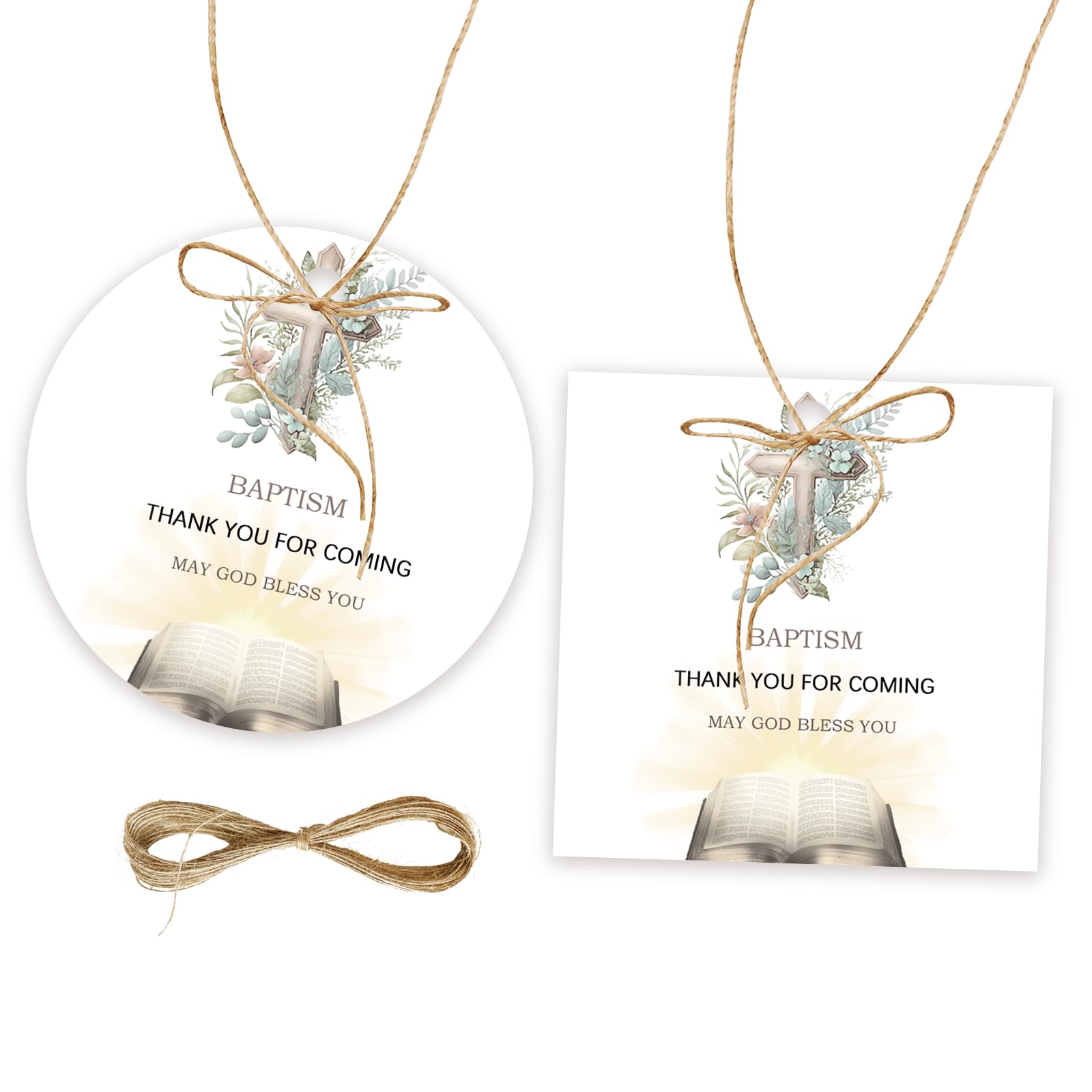 50pcs Baptism Thank You Tags, God Blessed Gift Tag with String for First Communion Party, Cross Round Thank You Paper Tags for 1st Birthday/Baptism