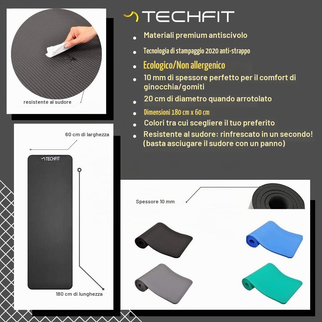 TechFit Tappetino Yoga 180 x 60 cm 10 mm Antiscivolo, nero | Materiale: Schaumstoff, con tracolla, imbottito e comodo, per Pilates, ginnastica e stretching