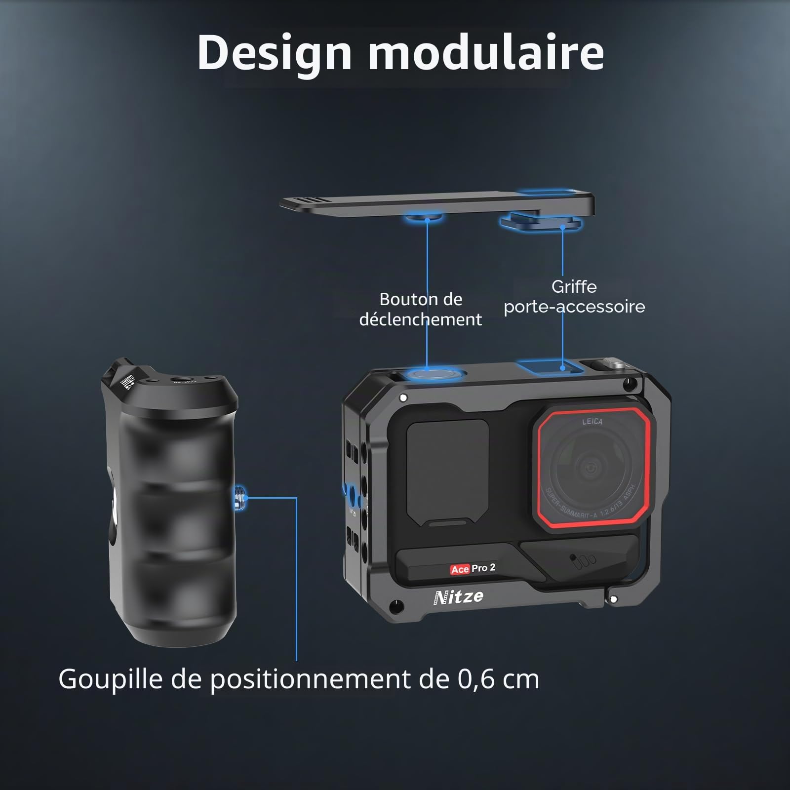 Nitze Xplorer Grip Kit pour Insta360 Ace Pro 2/Ace Pro/Ace, Kit de Poignée Xplorer avec Poignée Latérale Ergonomique, Cage Ace Pro 2, Prend en Charge la Prise de Vue Verticale et Horizontale - T-IN04B