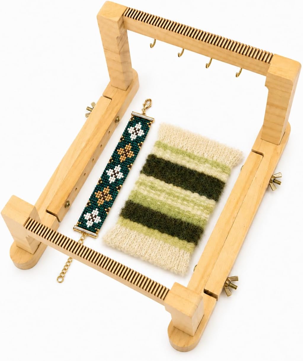 TMEGMIC 2-in-1 Wooden Bead Loom Kit, Bracelet and Coaster Weaving Kit with