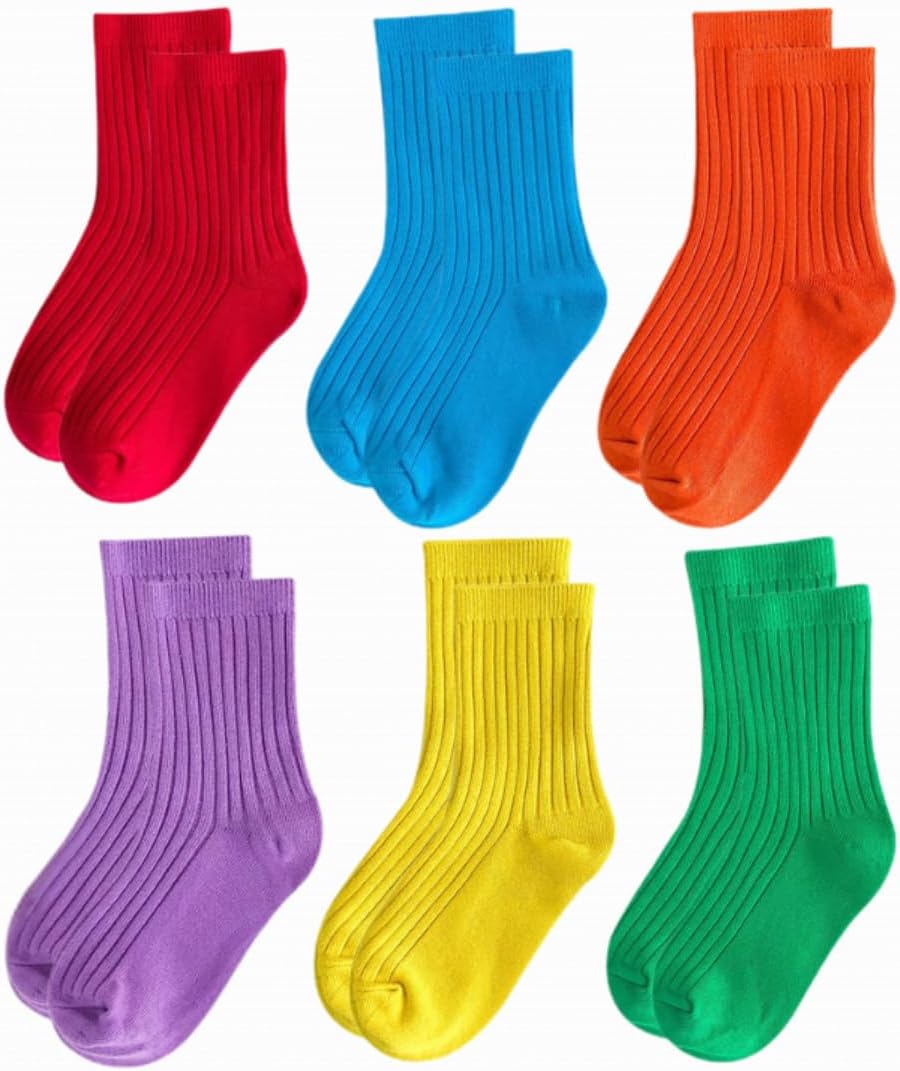 Toddler Crew Socks, 6 Pairs, Colorful Cotton Socks for Boys & Girls Ages 1-3, Soft Breathable Everyday Socks