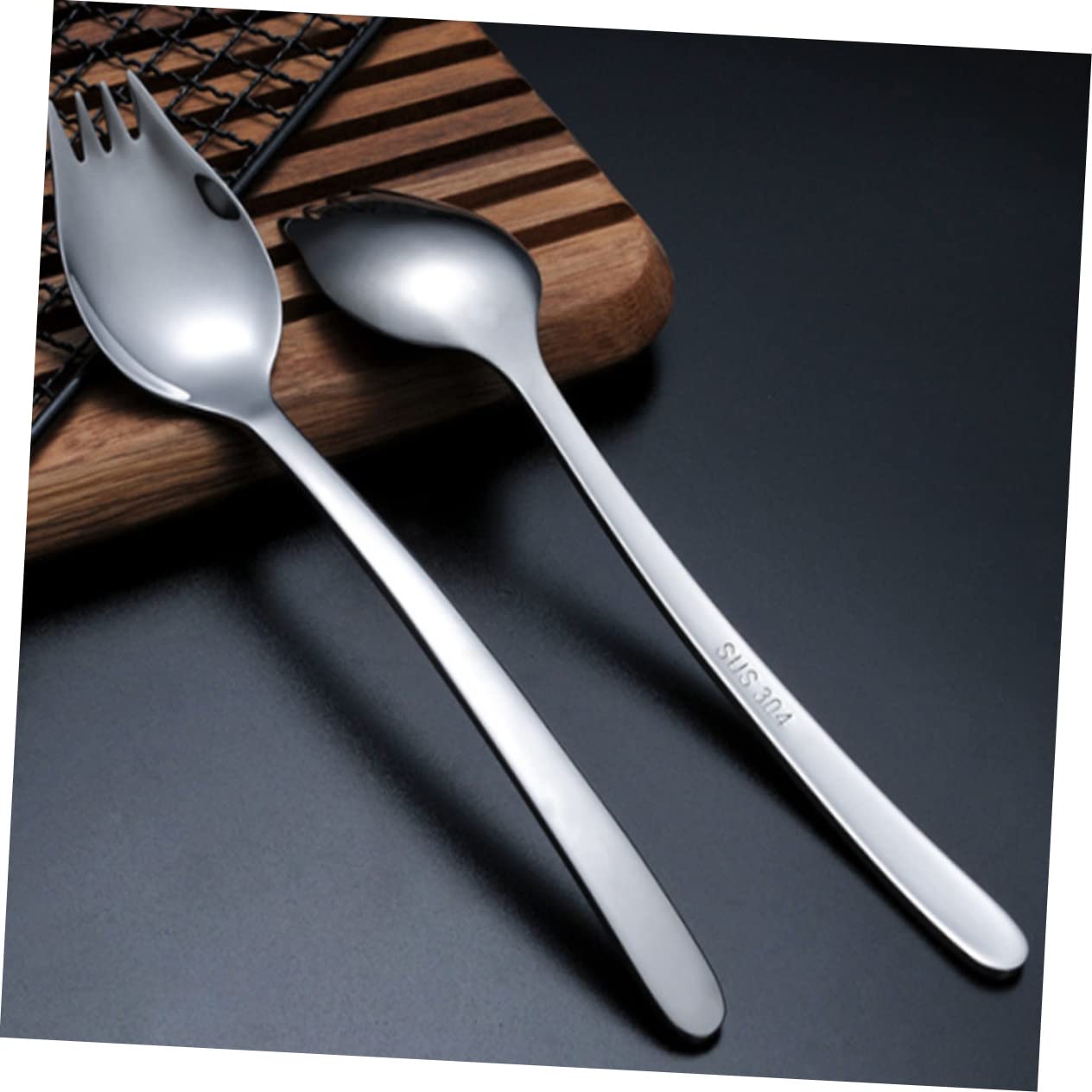 GRIRIW Large Slotted Spoon Fork Set Stainless Steel Pasta Serving Silverware Party Dinnerware Kitchen Utensil