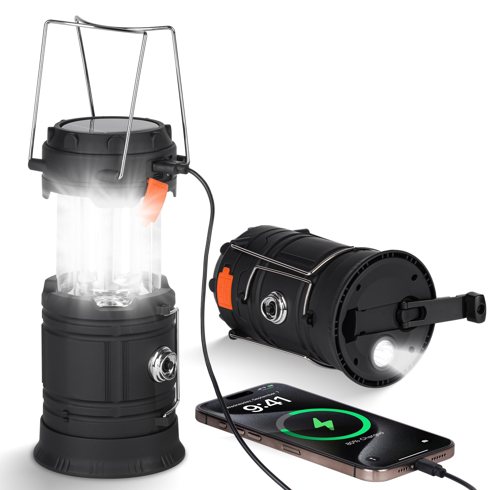 HOTUT Camping Lantern, Rechargeable Solar Camping Lights, Camping Lantern Battery Operated with Foldable Handle, Hand Crank and USB Charger, Portable Outdoor LED Camping Lights for Emergency Hiking