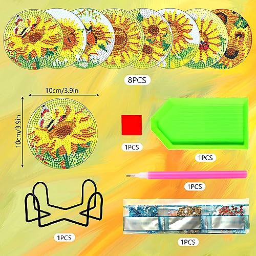 Image of 8 Pcs Sunflower Diamond Painting Coasters with Holder, DIY Diamond Art Coasters Kit, Small Diamond Art Kits Non Slip Handmade Table Decor Craft for Adults