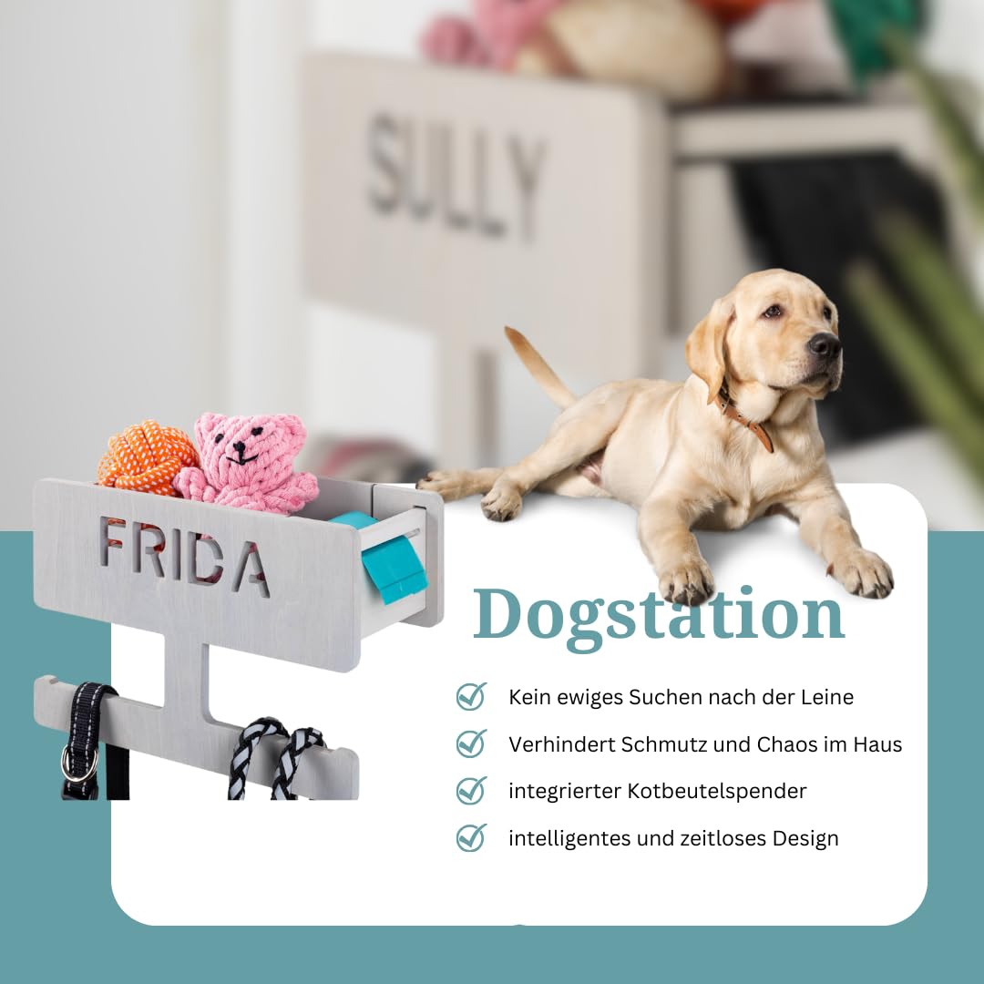 INEXTERIOR – Hundegarderobe personalisierbar mit Ablage & Leinenhalter in Hellgrau - Hundezubehör Dogstation für Hundeleinen, Spielzeug & Leckerlis aus Birkenholz - Mit Kotbeutelspender & Montagekit