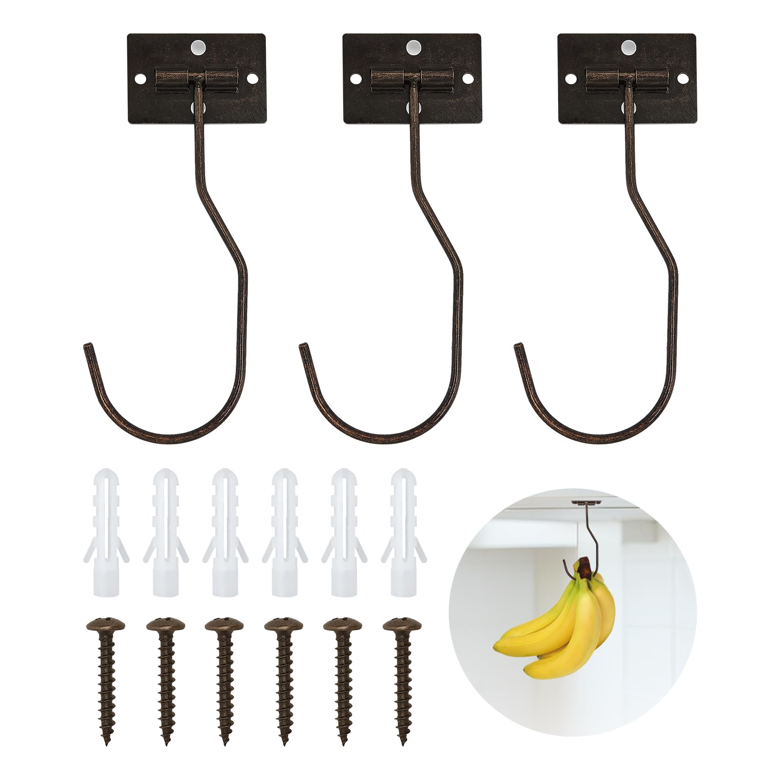 Ticway Banana Hanger Hook – Space Saving Banana Holder Hanger to Keep Bananas Fresh, Self Adhesive and Screw Banana Hook 3Pack Copper
