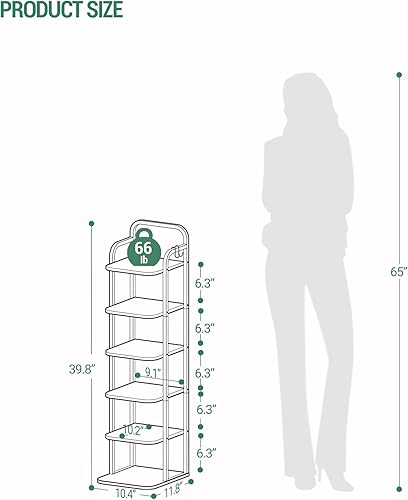 Miniatura 2 de Zapatero vertical de 6 niveles, torre de zapatos estrecha, estante alto para zapatos con 2 ganchos, estantes ajustables, estantes de esquina para