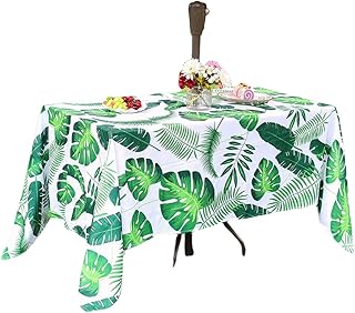 Eternal Beauty 132x178cm Recatngle Palm Leaf Indoor Outdoor Splashproof Tablecloth with Umbrella Hole and Zipper for Patio Garden Party and BBQ (52x70 Inch)