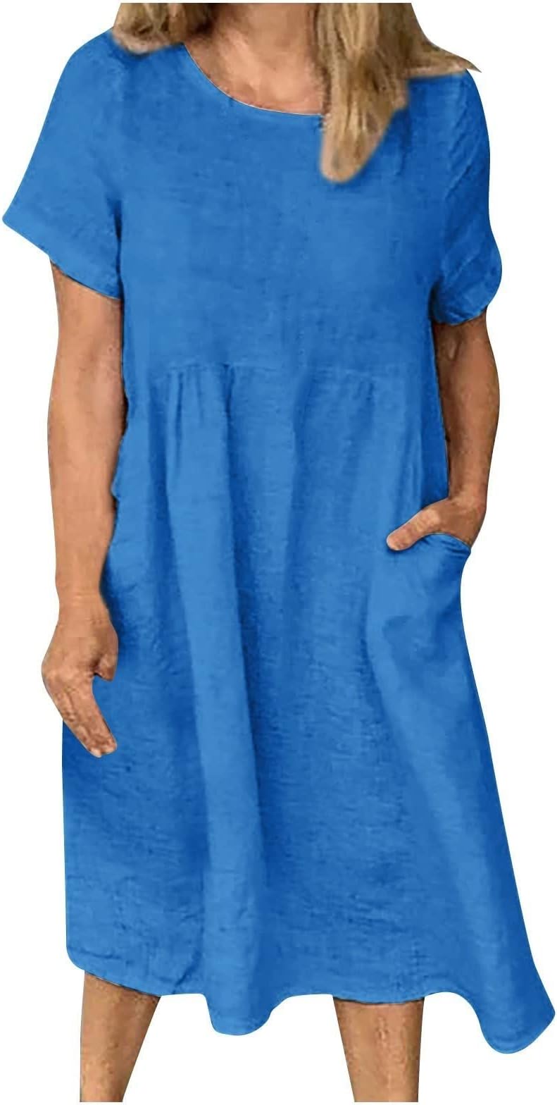 Plus Size Dresses for Women Summer Casual Plain Color Crewneck Short Sleeve Flowy Swing Tunic Midi Dress with Pockets Fast Delivery beautiful things