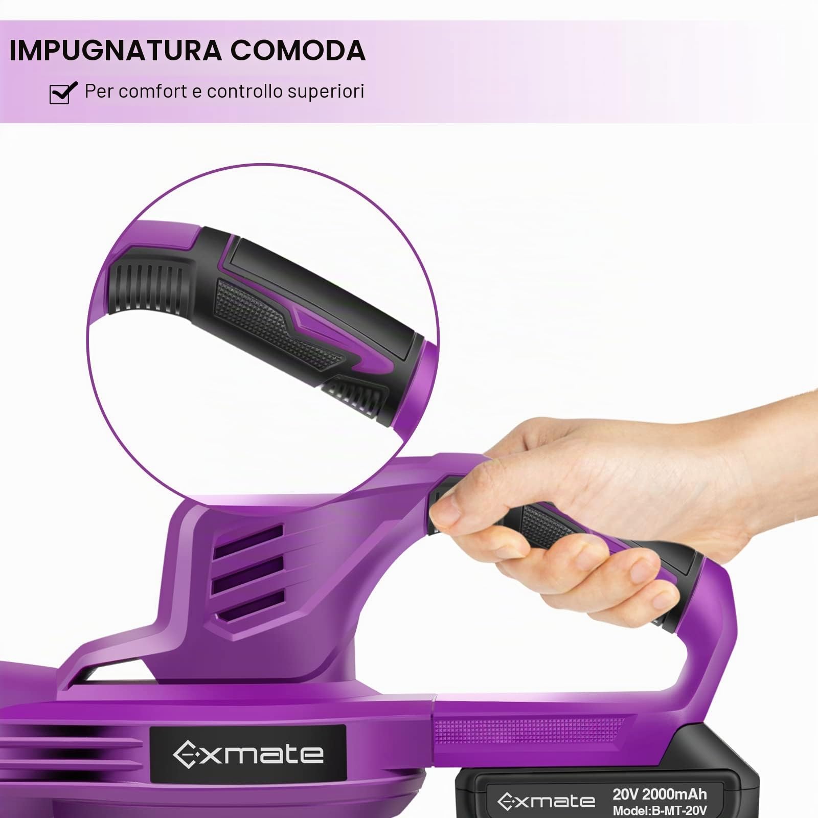 Exmate Batteria soffiatore per foglie, set elettrico con 2 batterie al litio da 2,0 AH e caricatore, 20 V, 130 MPH, può essere utilizzato per rimuovere foglie, sporco, neve, terrazze, terrazze,