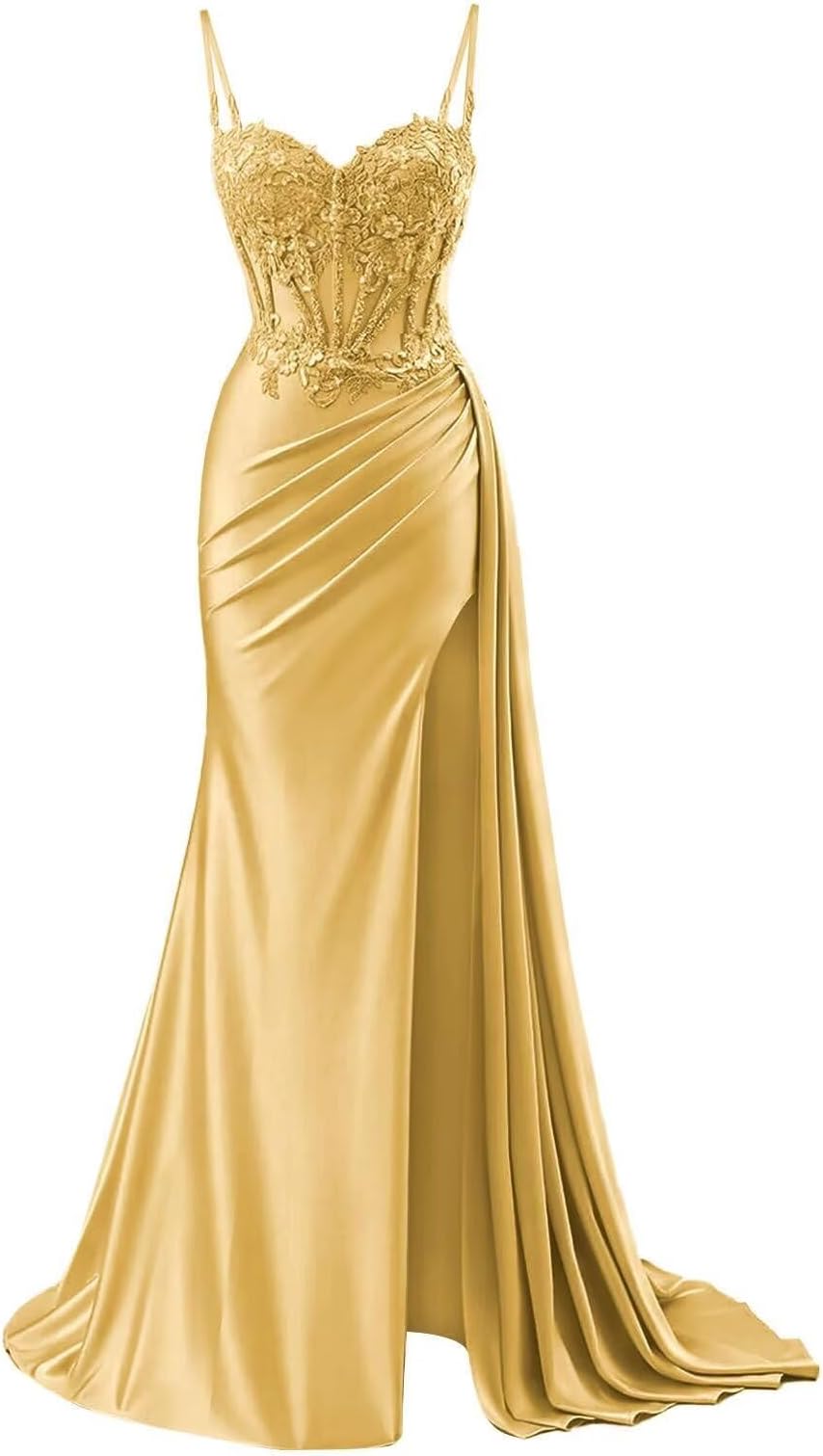 Womens Lace Appliques Mermaid Long Prom Dresses 2026 with Slit Pleated Satin Corset Formal Party Evening Gowns WA070