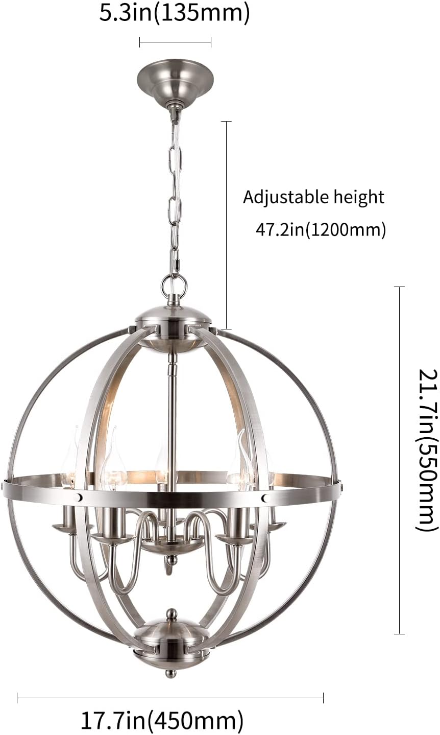 Modern Dining Room Light Fixture 5 Light Sphere Chandelier Brushed Nickel Farmhouse Light fixtures for Dining & Living Room, Foyer and Kitchen, Hallway and Entryway…