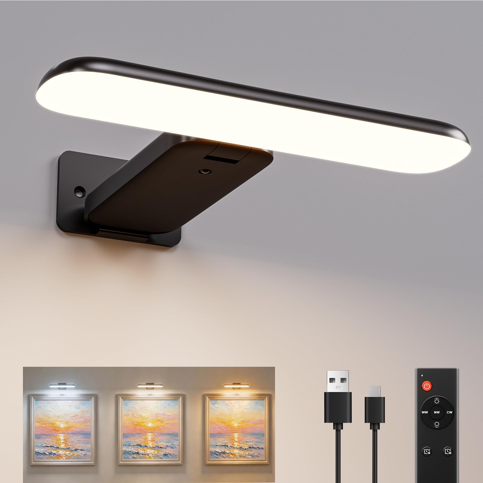 Pirture Lights Battery Operated with Remote, Rechargeable Picture Lights for Wall, Cordless Dart Board Light, LED Wall Light for Dartboard,Paintings,Frames,3 Color Temps, Dimmable(Black, 1 Pack)