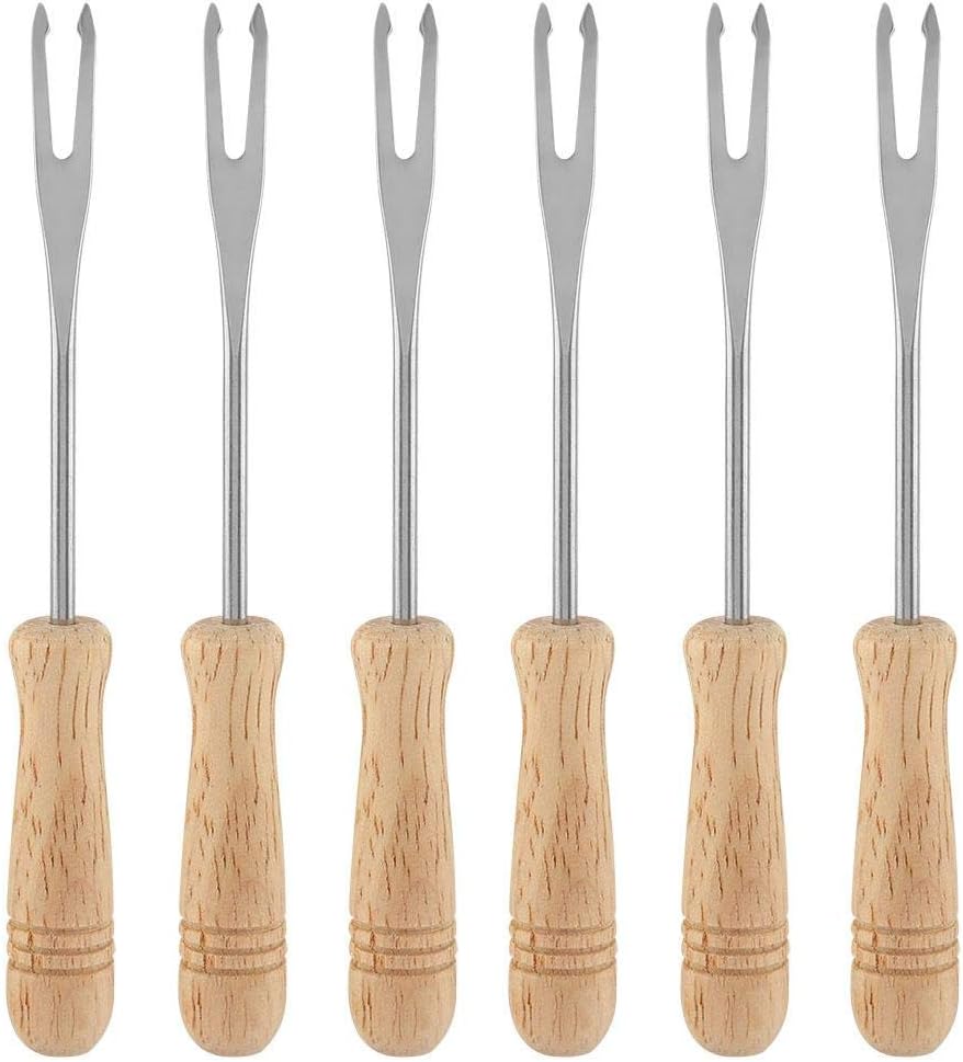 BBQFork, 6 Pcs Stainless Steel Wooden Handle Barbecue Fork Camping