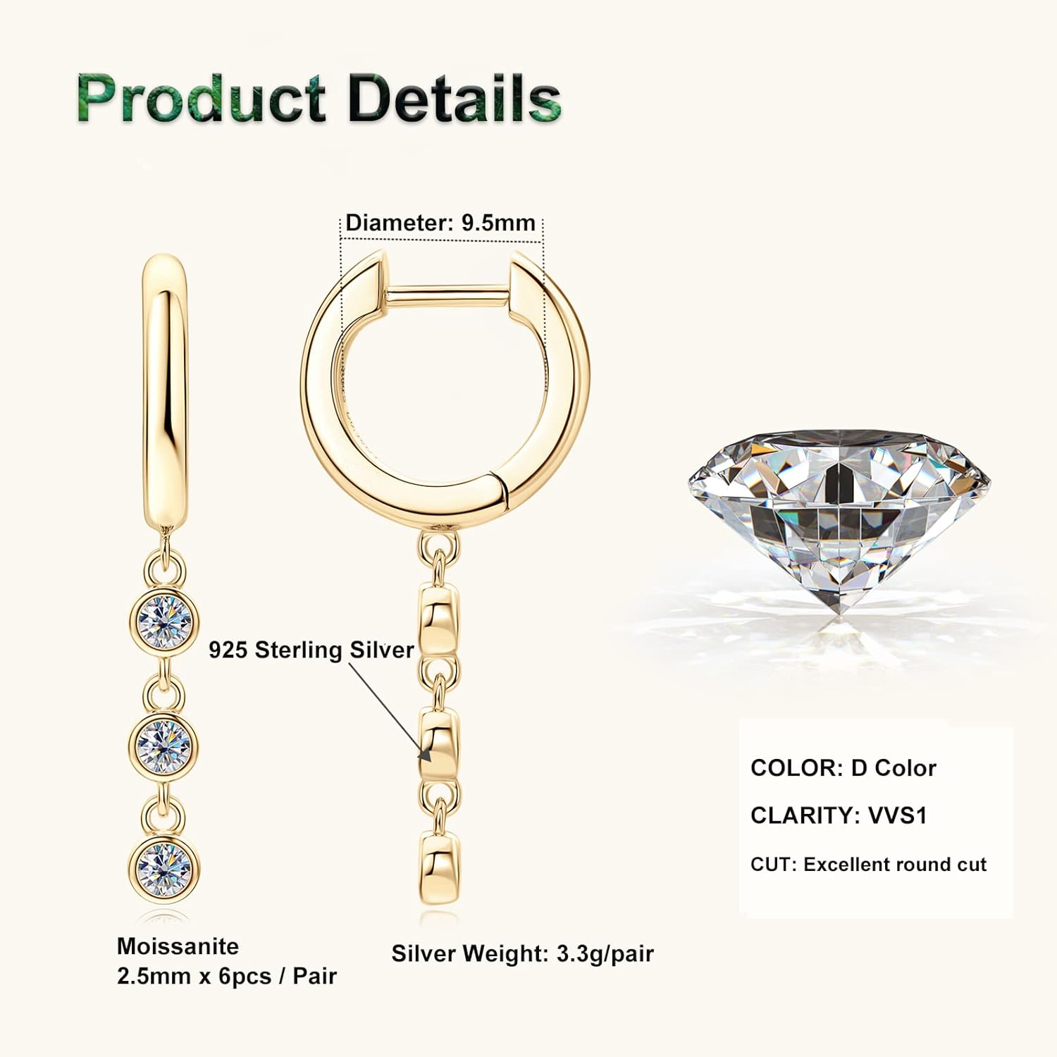 Moissanite Huggie Dangle Earrings for Women 925 Sterling Silver Trendy Round Classic Hoop Earring for Wife Mom Mother's Day Birthday Gifts - Image 3