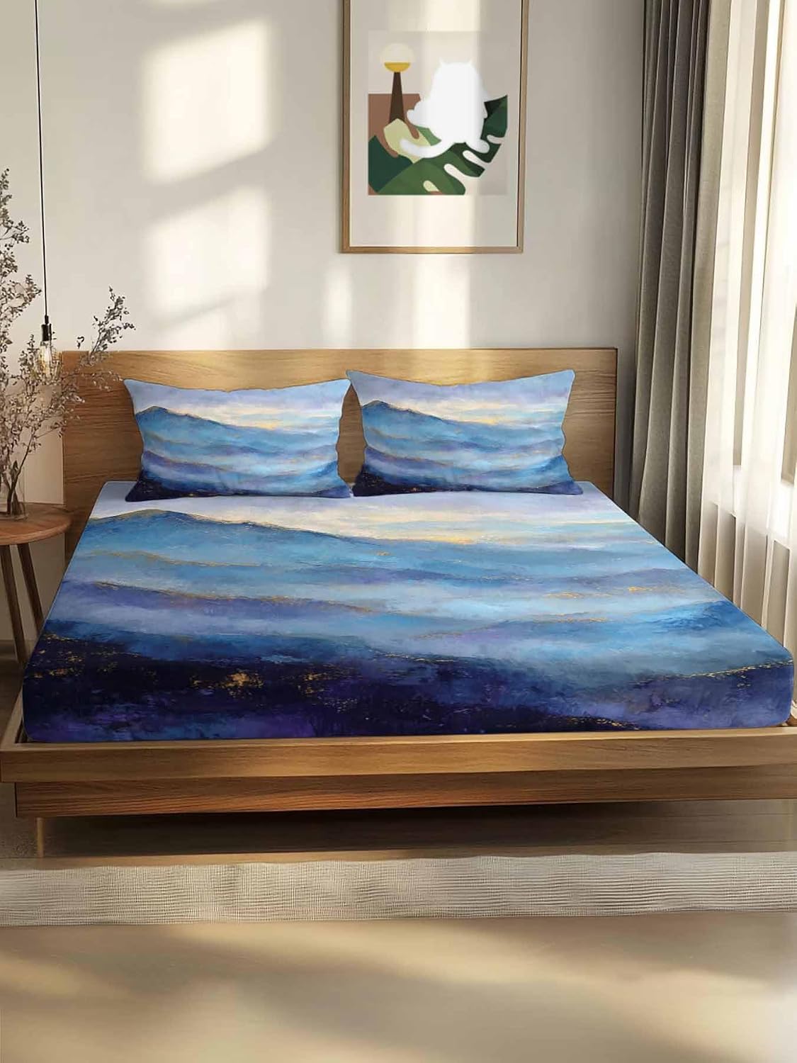 Modern Oil Painting Queen Fitted Sheet Set, Retro Abstract Art Mountain Forest Soft Deep Pocket up to 16"-Easy Fit Bed Sheets with Elastic Strap, Breathable Micorfiber Bedding Set with Pillowcase