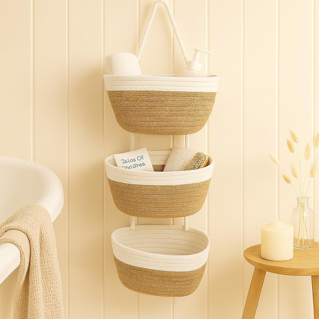 Japanese Handmade Cotton Rope Hanging Basket Organizer – 3 Tier Wall boho Storage Organizer for Toys , Snacks & Décor – Eco-Friendly Coiled Weaving Craft, Housewarming & Shower Gift (White&brown)