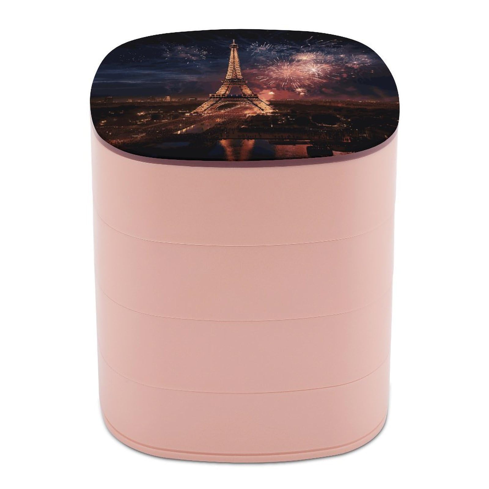 VstaDank Eiffel Tower Fireworks Jewelry Organizer 4-Layer Rotating Travel Jewelry Tray Case with Lid for Bracelets Rings Bracelets Small Jewelry Storage Box Earring Holder for Women