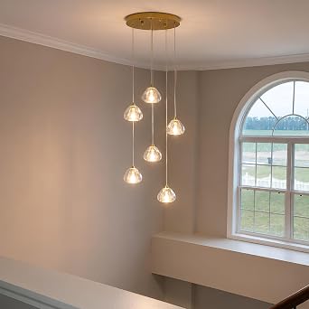 6-Lights Crystal Chandelier Pendant Light for Entrance Kitchen Island Foyer Living Room Bedroom Staircase Gold Finish