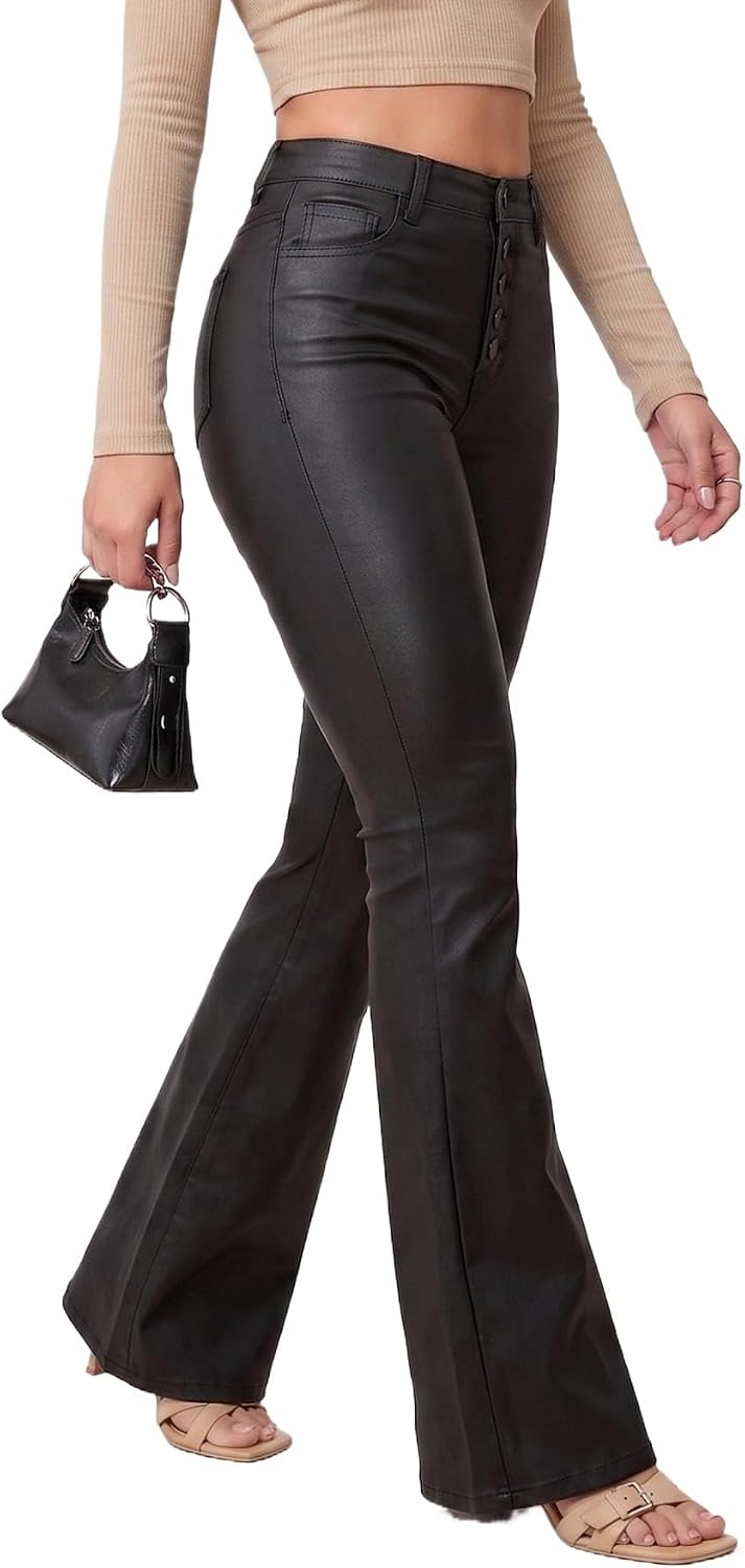 THE LOVE BRAND Women's Faux Leather Pants PU Mid Waist Skinny Pant Black Leather Leggings Bell Bottom Flare Pants