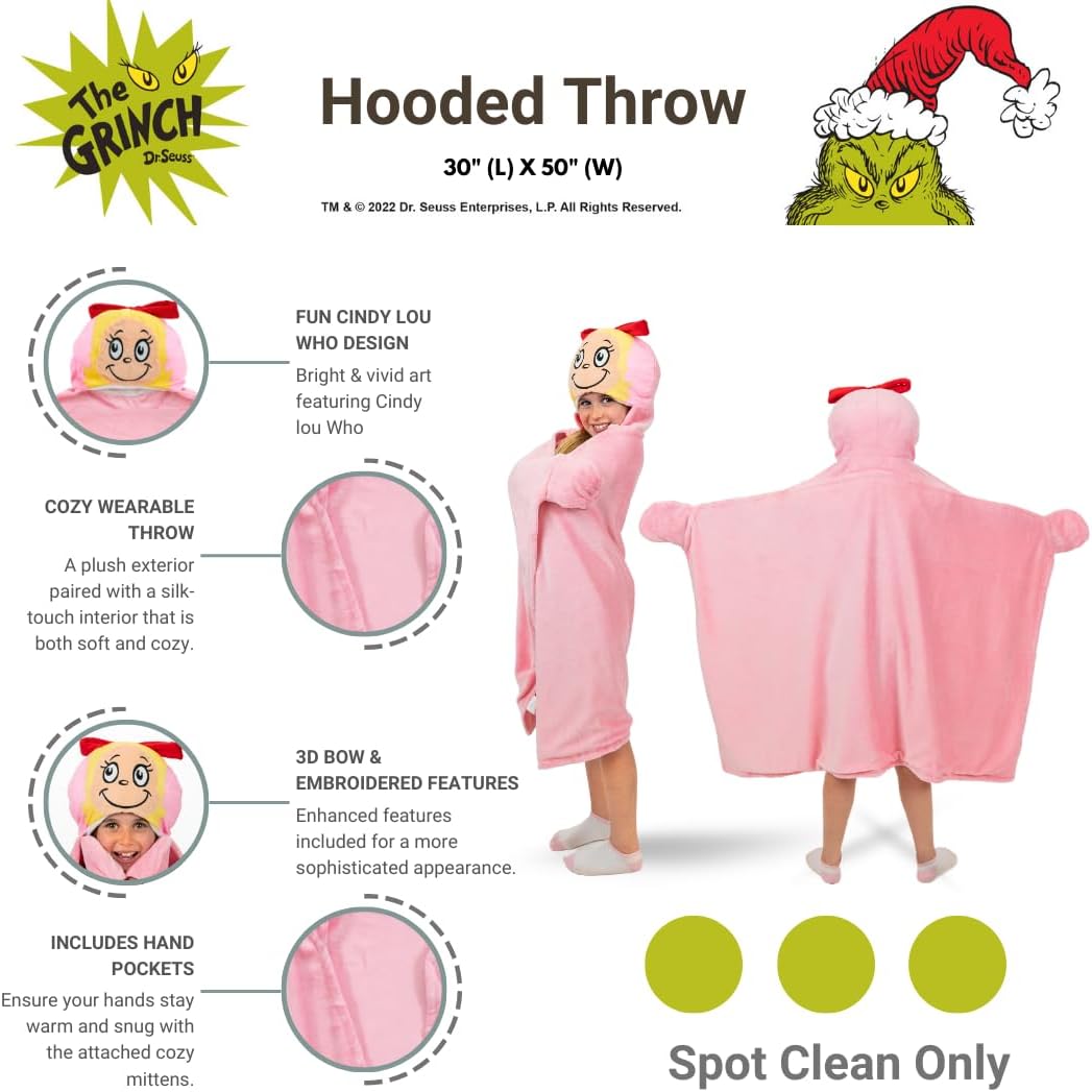 Dr. Seuss The Grinch Cindy Lou Hooded Throw - Kids Holiday Christmas Bedding Super Soft Throw Blanket - 30 in x 50 in, (Officially Licensed Product) by Franco