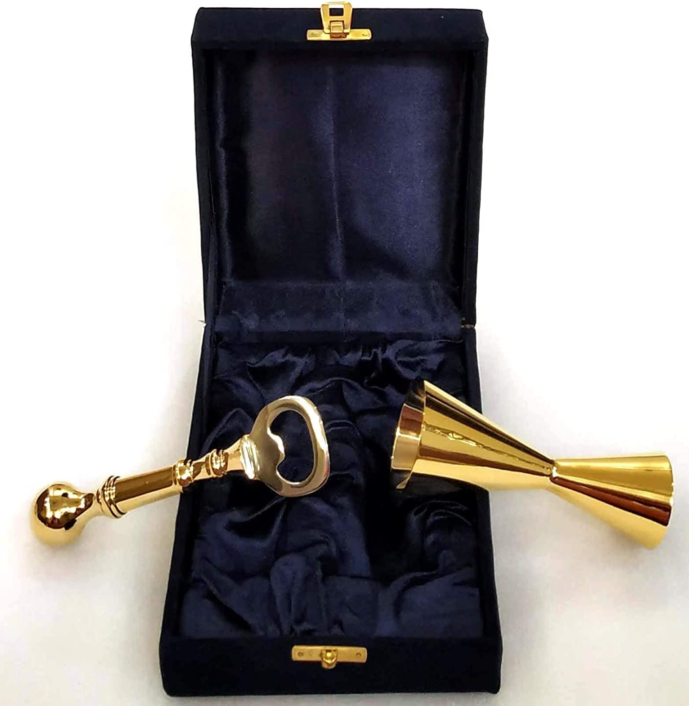 Set of Alluring Brass Bottle Opener and Brass Peg Measure, Jigger in a Velvet Box, EPNS with Gold Chrome Shading Peg Measure Cup, (30 ml/60 ml)