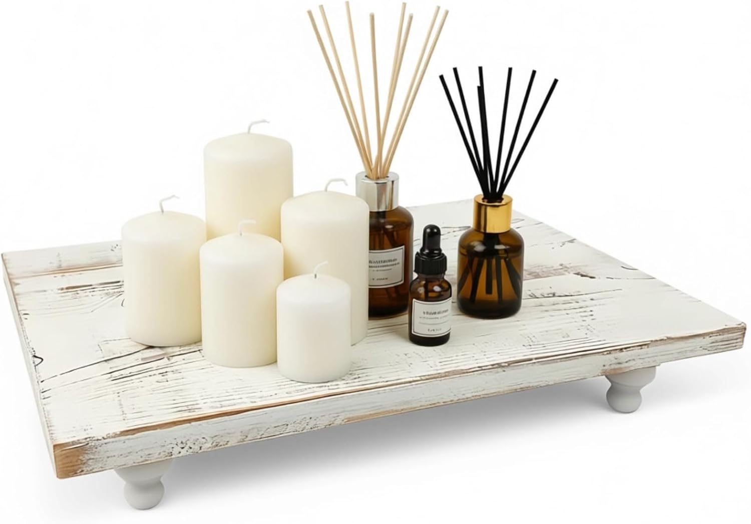 White Wood Riser, Farmhouse Pedestal Stand, 13.4 x 9.4 x 2.4 in Distressed Wood Decorative Tray, Wooden Display Stand for Kitchen, Bathroom, Coffee Table