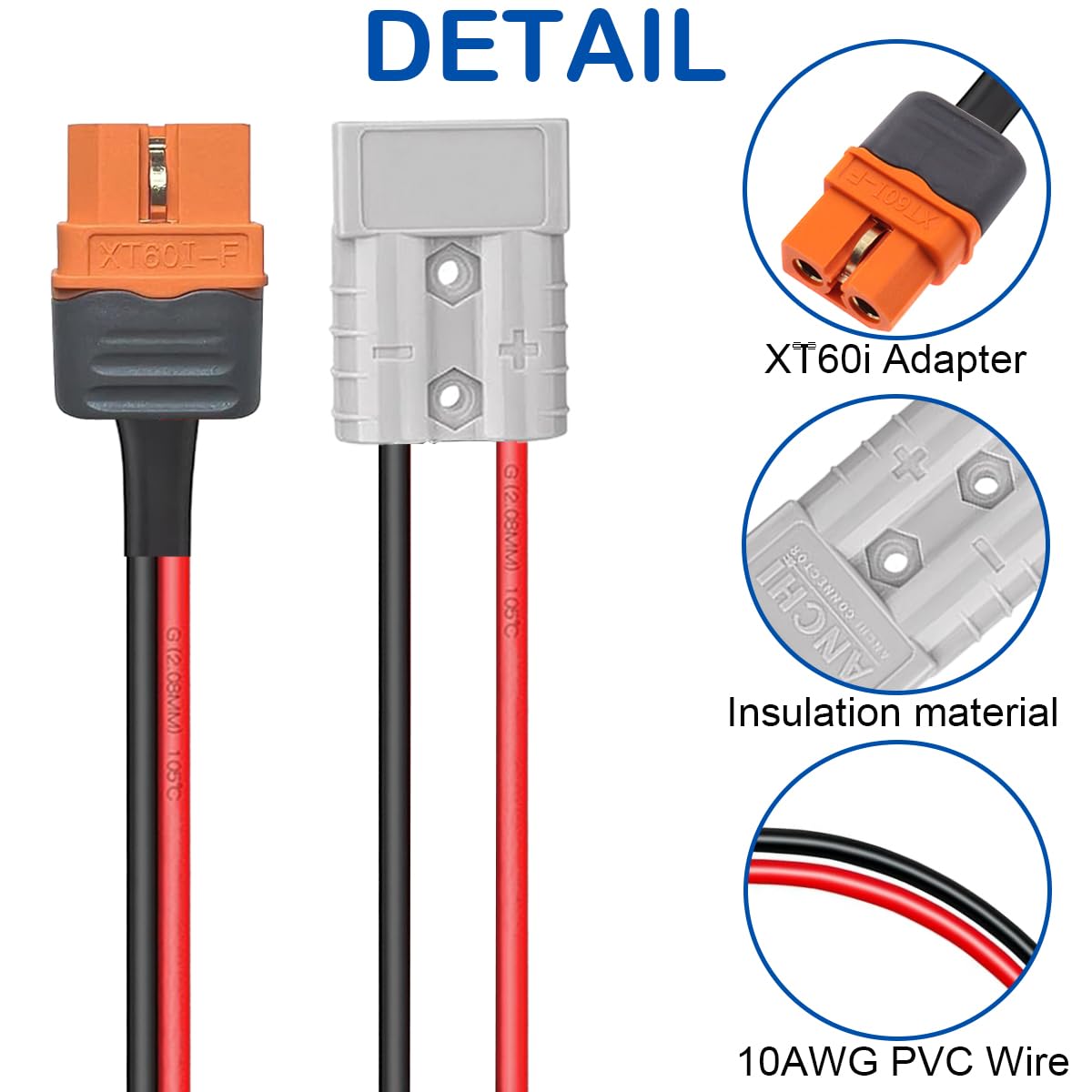 per Anderson SB50 Batteria a connessione/scollegamento rapido con cavo femmina XT60i 10AWG 50A Cavo prolunga, per trasferimento potenza della batteria generatore portatile solare