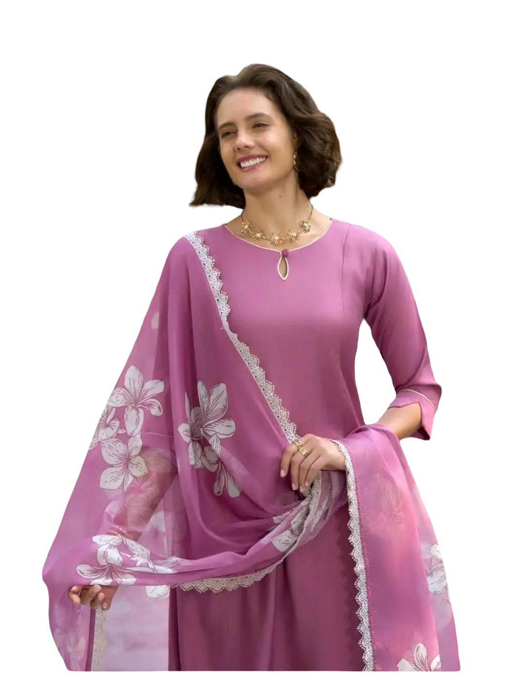 Women’s Solid Pink Kurta Pant Set with Floral Organza Dupatta (IN, Alpha, 2XL, Regular)