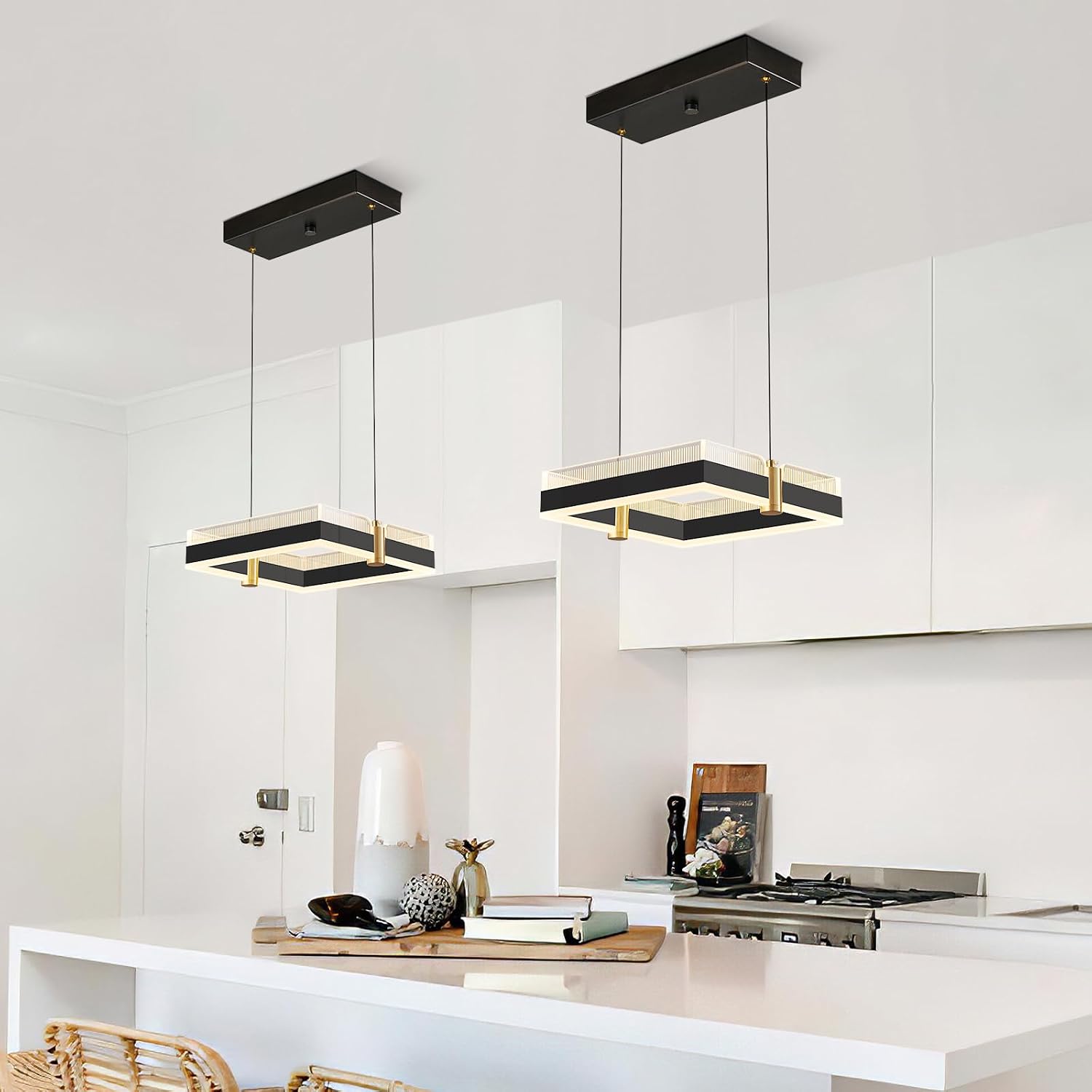 Modern LED Chandelier with Remote Control 1 Ring Dimmable 3 Color Black Gold Adjustable Pendant Light Square Chandelier Dining Light Fixture for Kitchen Bedroom Ceiling Hanging（1-Pack）