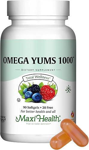 Maxi Health Omega Yums 1000 - Apto para niños, sabor afrutado, 110 cápsulas de cápsula blanda, Kosher