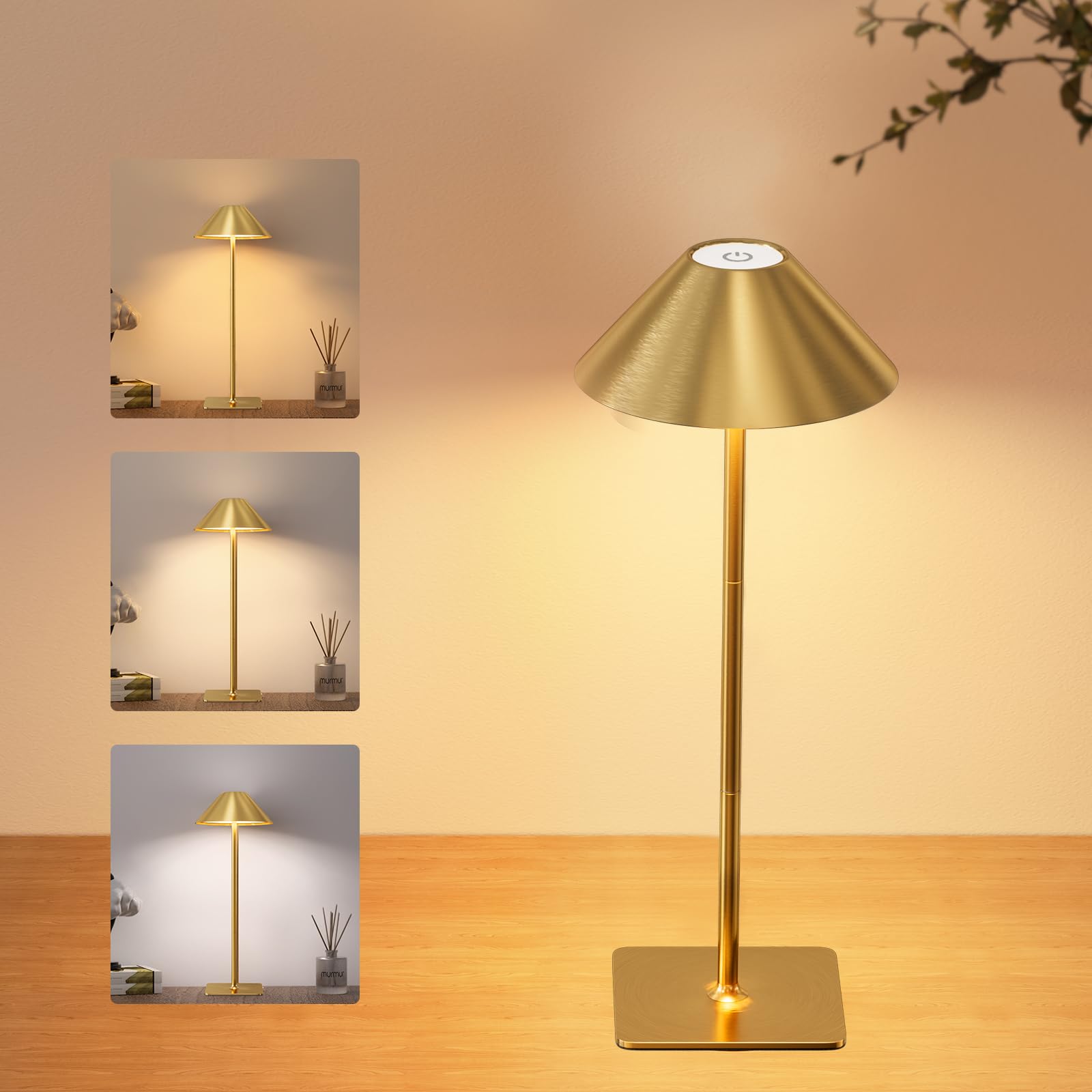 RIXGLEAM Tischlampe Kabellos, LED Tischlampe Akku USB Aufladbar, 5000mAh Tischleuchte Kabellos, 3 Höhenverstellbar Aluminium Touch Lampe für Outdoor und Indoor, 1 Stück, Gold, Regenschirm-Design