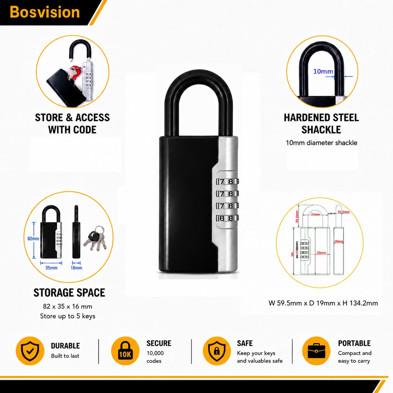 Key Safe Box [Portable] Combination Padlock with Shackle, Key Lock